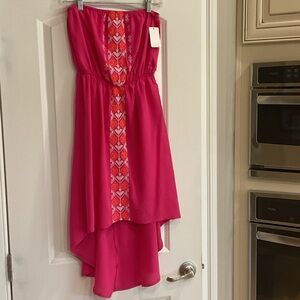 Pink Strapless Dress with embroidered Detail asymmetrical skirt. Fully lined